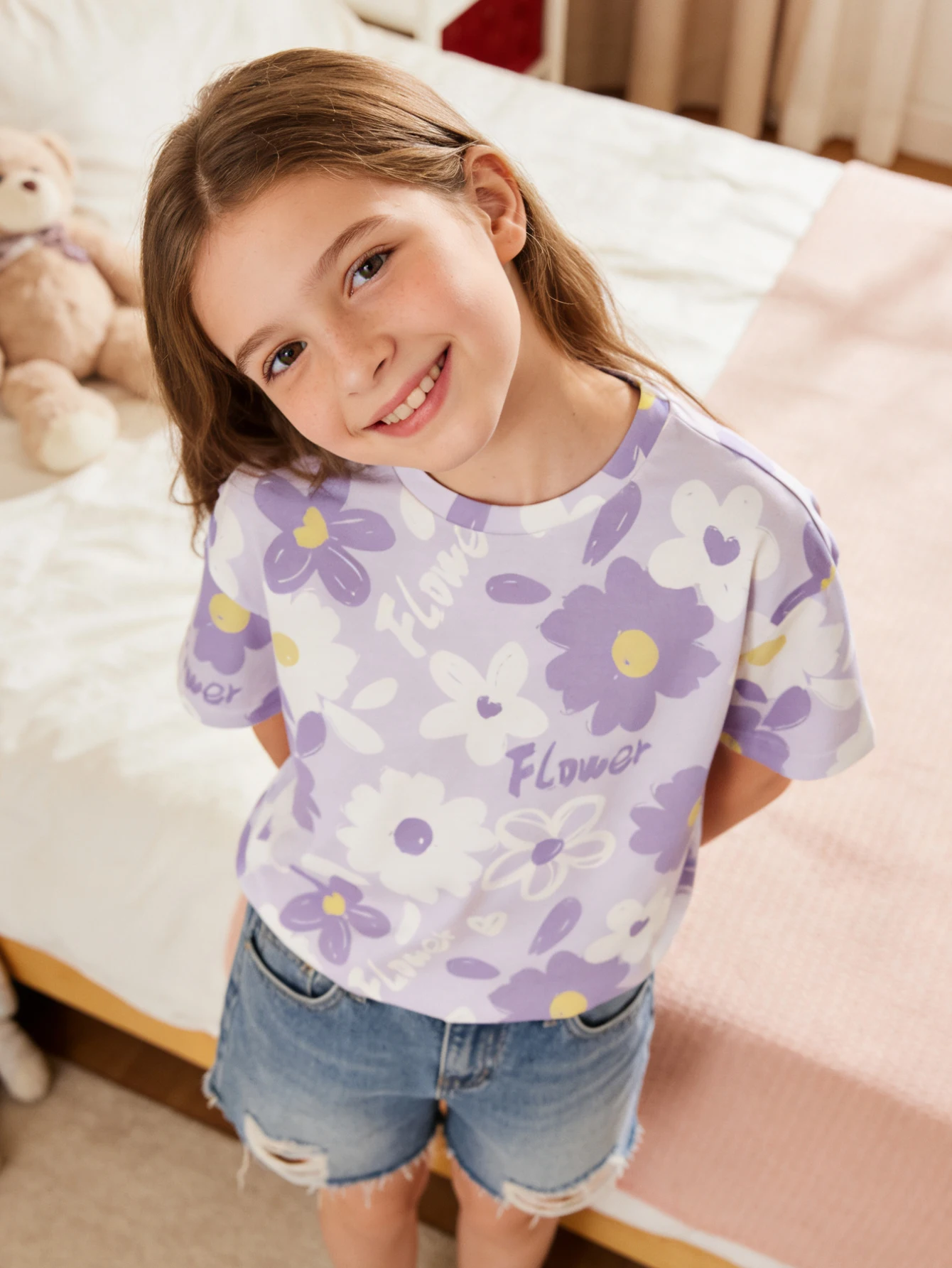 2026 Girls' Small Floral Print Short Sleeve T-Shirt Loose Summer Casual Top