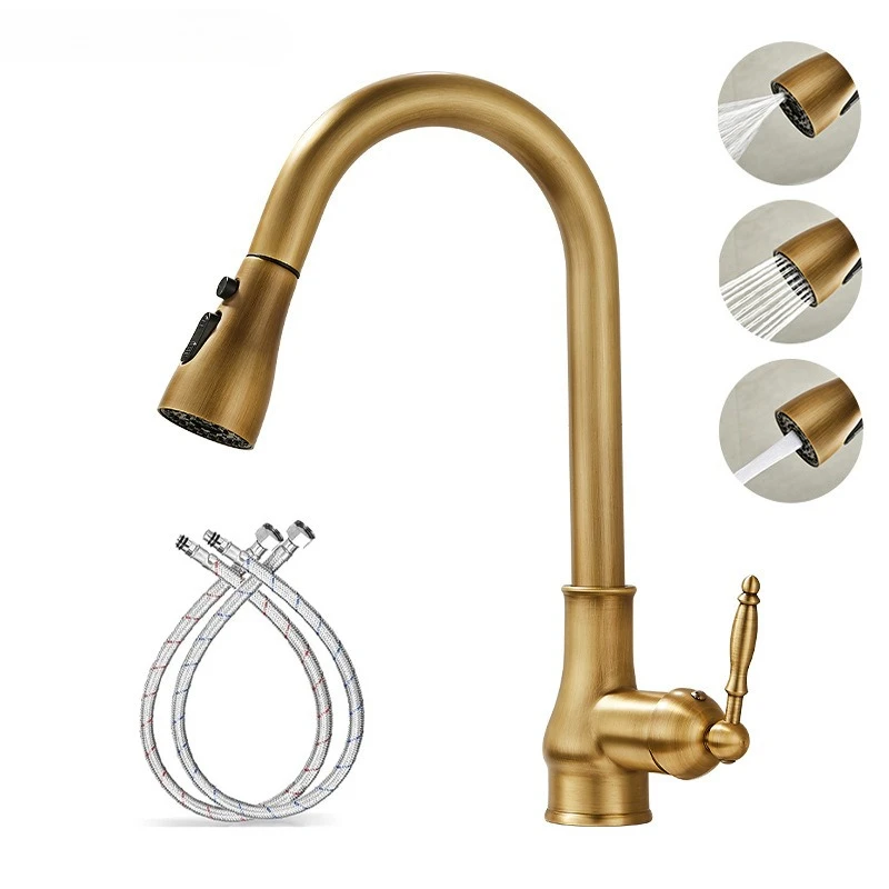 

Golden Retro Brass Kitchen Pull-Out Faucet Home Sink Vegetable Washing Basin Rotating Three-Mode Hot & Cold Water Faucet