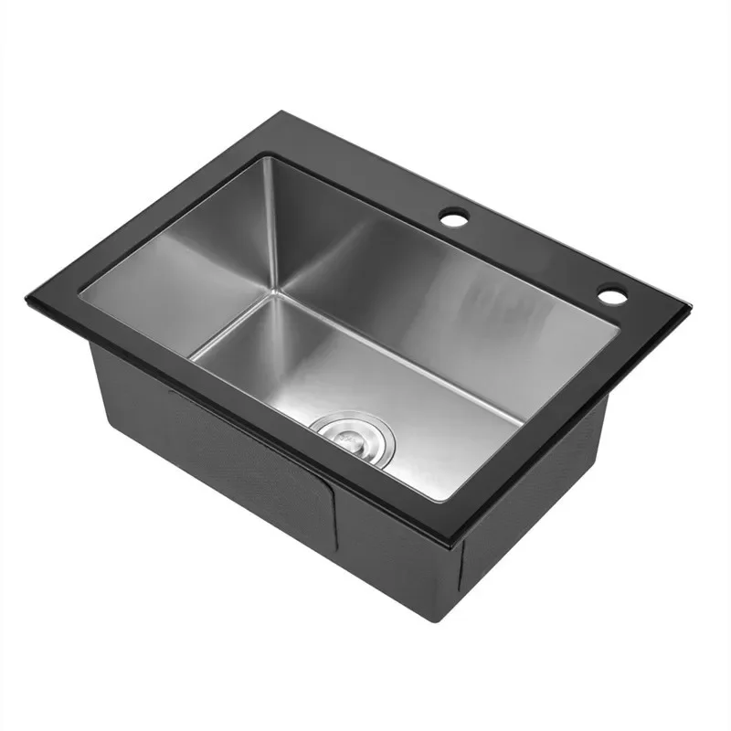 for Stainless Steel Handmade Single Bowl Kitchen Sink with Glass Panel Black Gold Finish for Europe US Southeast Asia Export