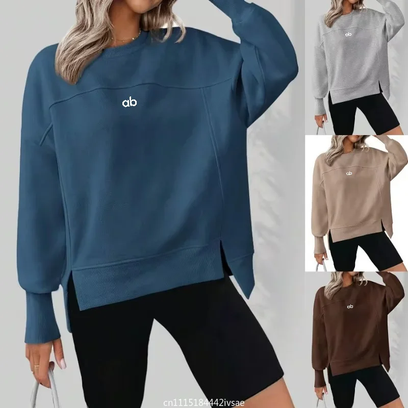 Women Autumn Winter Crew Neck Sweatshirt Long Sleeve Split‑Hem Solid Color Minimalist Loose Versatile Casual Streetwear Tops
