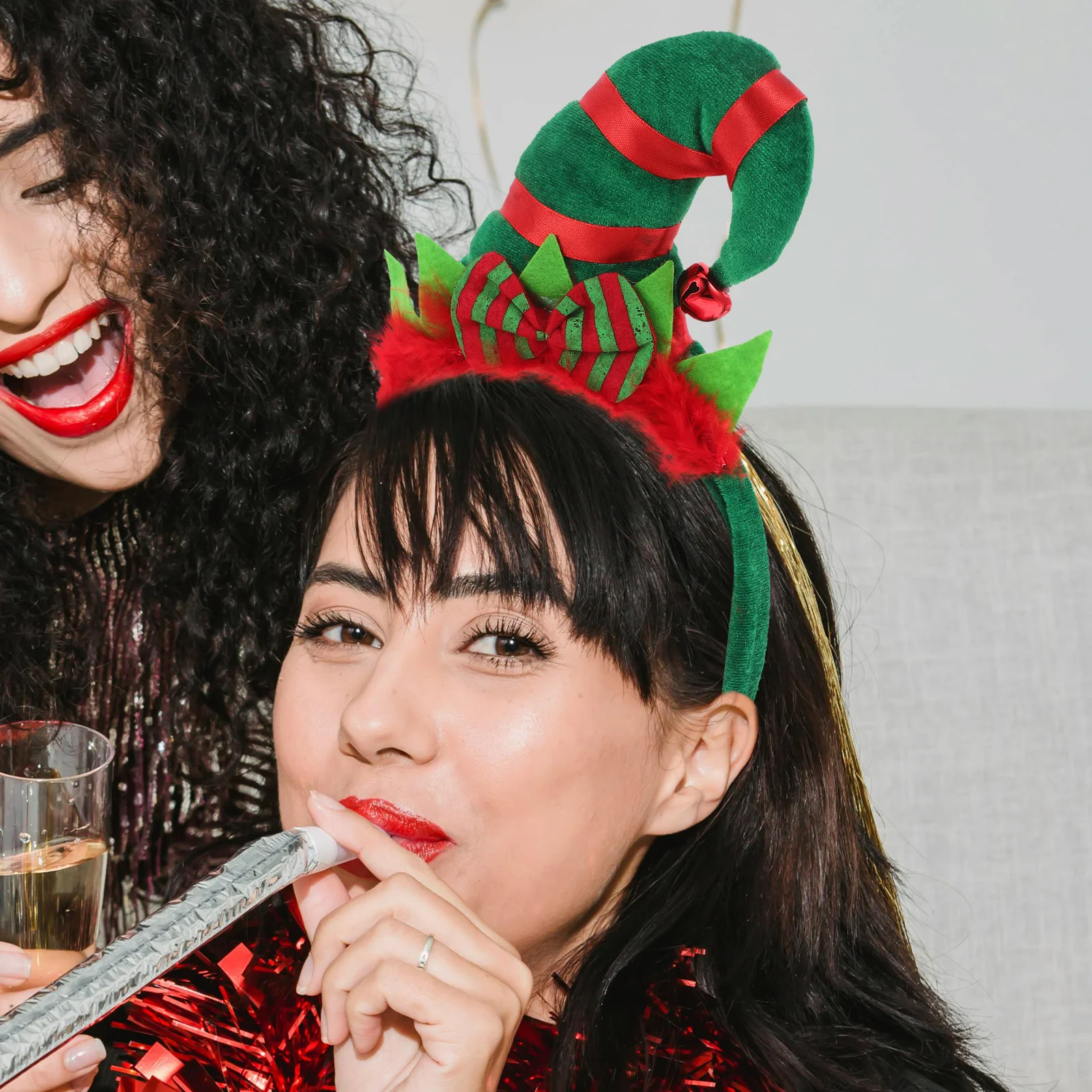 

Festive Christmas Hairband with Jingle Bells Bow Santa Hat Headband for Adults Holiday Party Costume Accessory