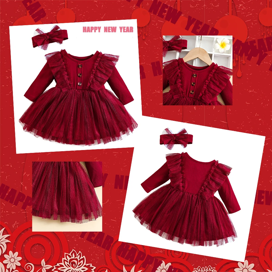 

Infant One-piece Red Dress Baby Girl Red Mesh Puff Dress With Bow Headband Toddler New Year Eve Clothes Cute Casual Outfit
