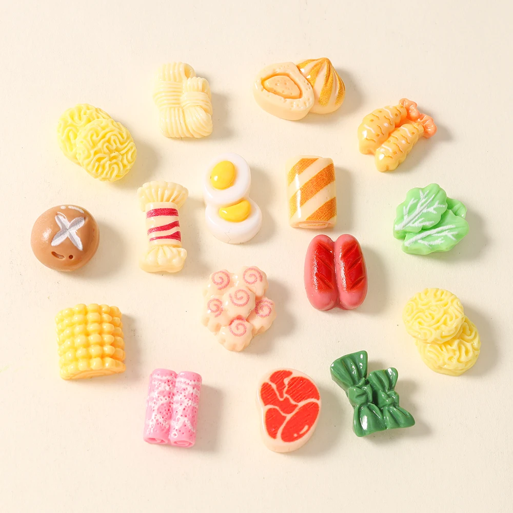 15 Stück Cartoon Mini Gemüse Mais Enoki Pilz Garnelen Rindersteak Fleisch Serie Nagelkunst Harz Deko Charms DIY Basteldekorationen