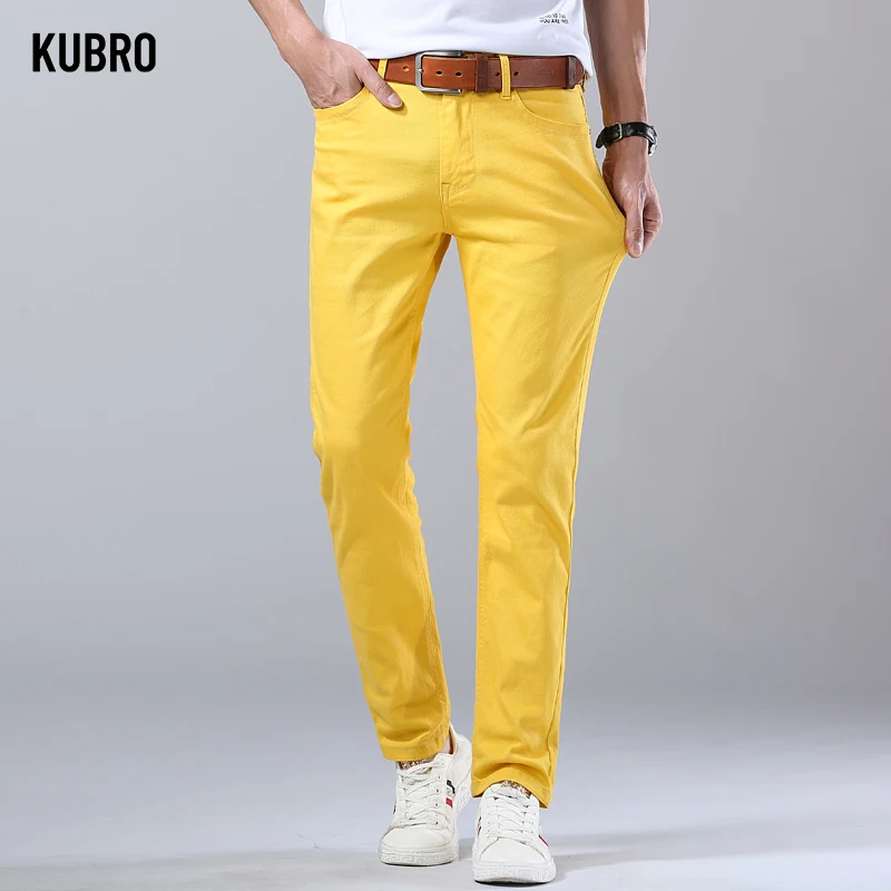 2024 Autumn New Men\'s Bright Stretch Fit Jeans Trendy Denim Straight-leg Trousers Male Red Lake Blue Yellow Trousers