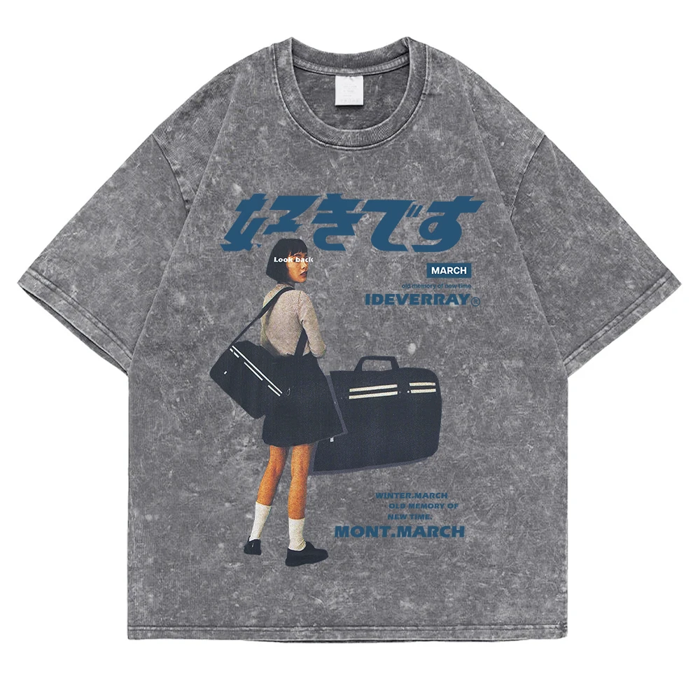 March Old Memory Of New Time Ideverray School Uniform Girl Washed Retro Snow T-Shirt Men Loose Short Sleeve Tshirt Cotton Tees