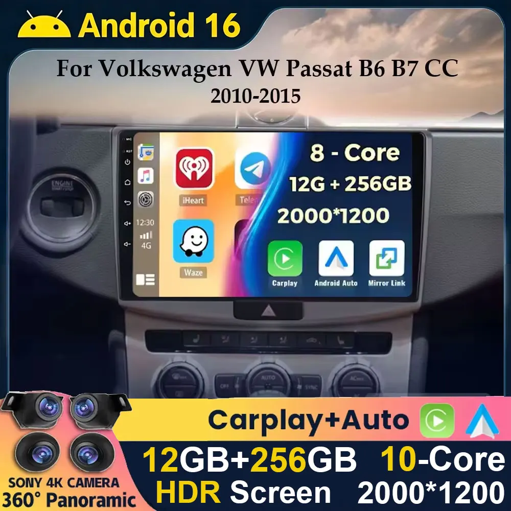 Android 16 Carplay Auto 4G+WIFI For Volkswagen VW Passat B6 B7 CC 2007-2016 GPS Car Radio Multimedia Player Stereo 360 Camera BT