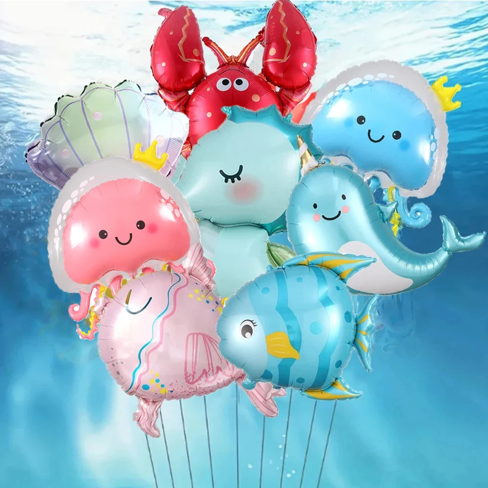 

8 шт., набор воздушных шаров с изображением медузы, морского конька, рыбная ракушка, фольгированные шары, тема океана, украшение для дня рождения, принадлежности для детского душа