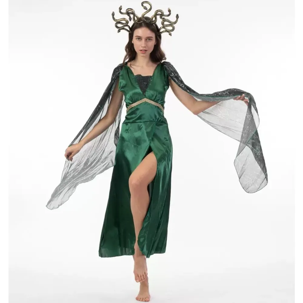 Göttin Medusa Grünes Kleid Cosplay Damenkostüm Kopfbedeckung Röcke Tanzparty Auftrittskleidung Halloween Karnevalskostüme