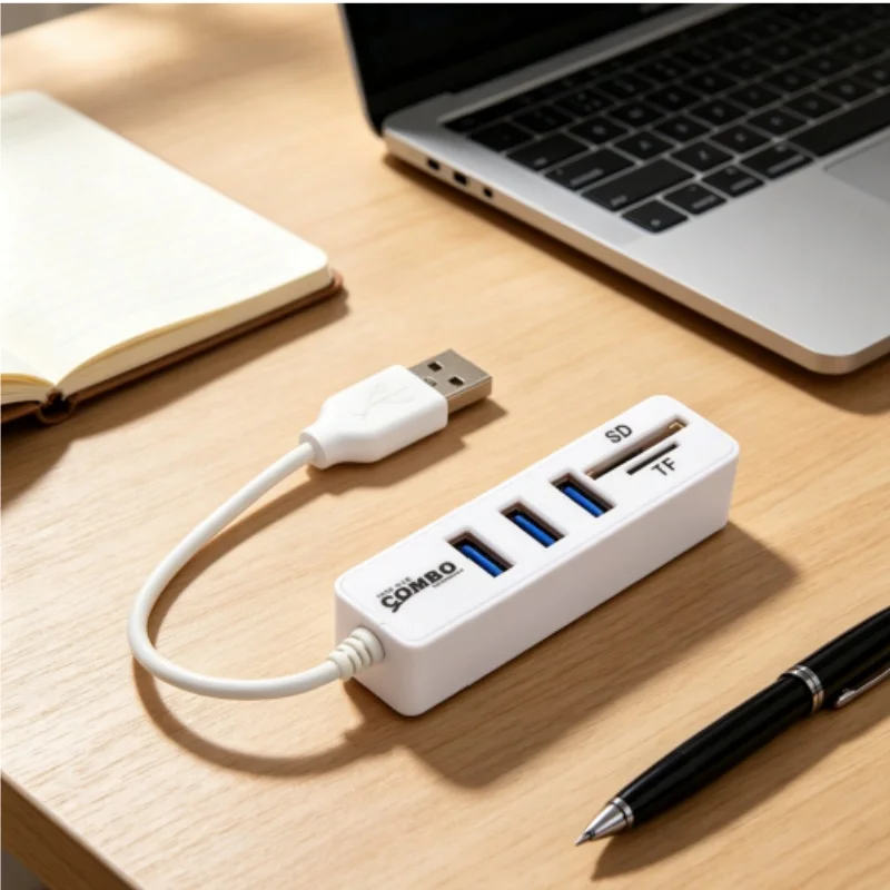 3-Port USB 2.0 Hub with Cable Long Strip Power Strip Combo TF/SD Multi-card Adapter One-Line Splitter Data Transfer Device - view 3