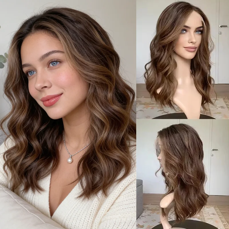 

Natural Rooted Brown Blonde Lace Front Wig Beach Waves Heat Safe Synthetic 13x4 HD Transparent Glueless Wig Daily Wear Cosplay