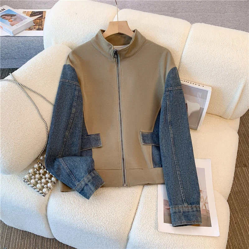 Denim Pants Sets Stand Collar Patchwork High Street Coats Tops Wide Leg Straight Gothic Jeans Vintage Simple Two-piece Set