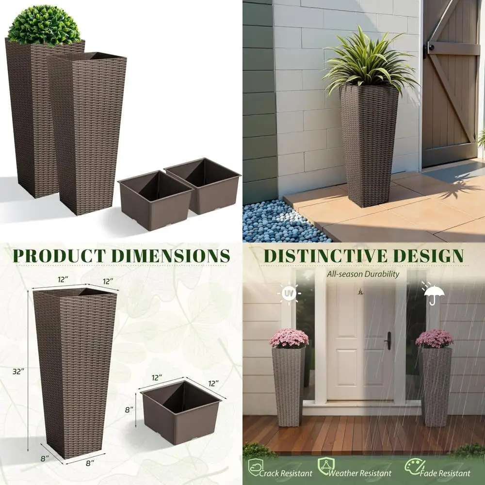 

Resin Rattan Tall Outdoor Planters Set of 2, Large Tapered Pots with Drainage Holes and Inner Trays for Flowers and Plants