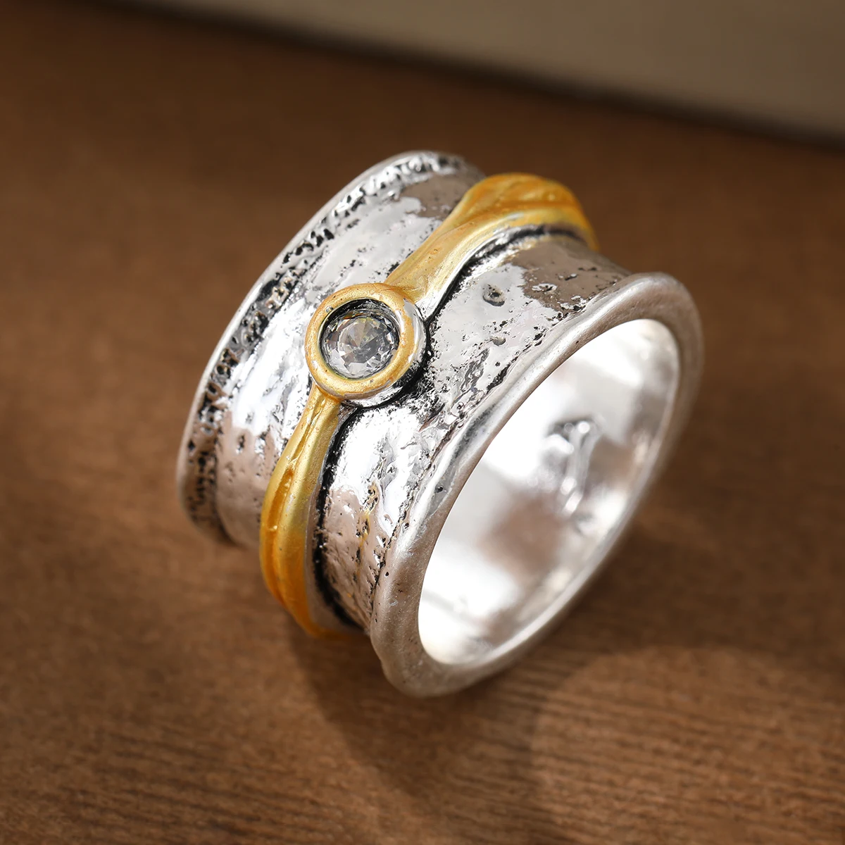 Retro Dual-Tone Copper Ring for Women with Creative Artificial Zirconia Wide-Face Ethnic Style Gift Ring