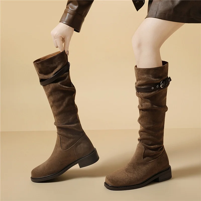 New Women's Boots Slouch Knee High Suede Boots Round Toe Low Chunky Heel Buckle Vintage Long Boots Autumn Winter Casual Shoes