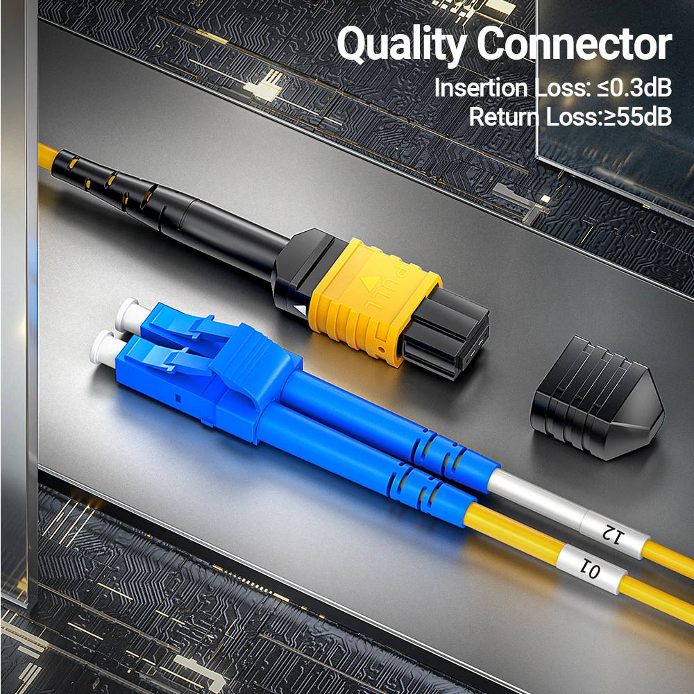 AMPCOM MPO إلى LC الألياف التصحيح الحبل نوع B OS2 المفردة 8/12/24 النوى كابل صندوق السيارة لأجهزة الإرسال والاستقبال 10G QSFP + 100G QSFP28 1-30 متر