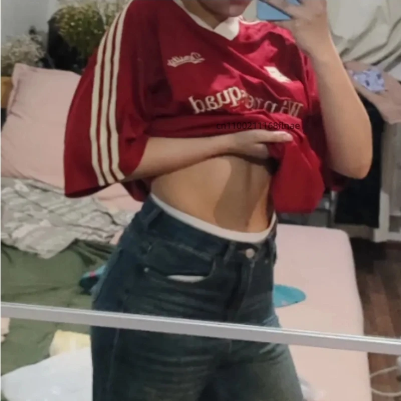 Топ для уличных танцев с ретро-вышивкой и цветными блоками, футболка с v-образным вырезом и короткими рукавами, свободный повседневный стиль в стиле хип-хоп