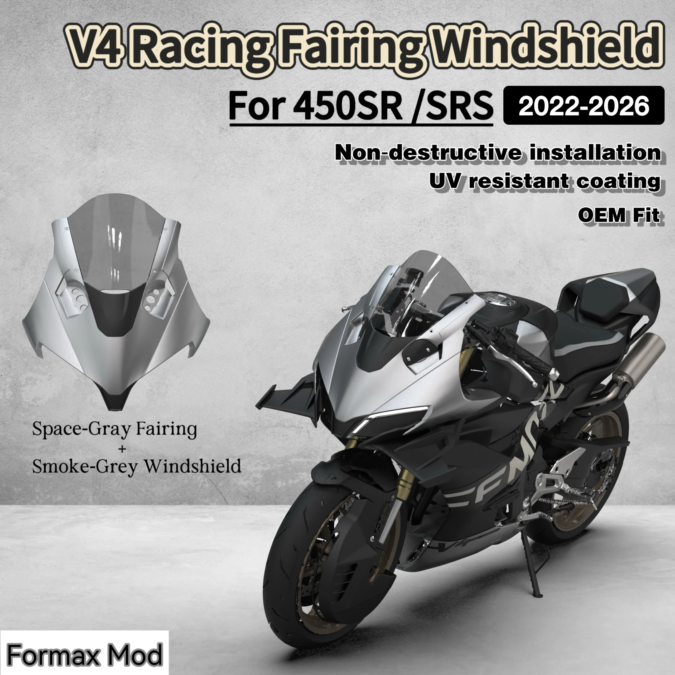 V4‑Style One‑Piece Upper Fairing Windscreen Kit for CFMOTO 450SR / 450SRS, Aerodynamic Racing Front Headlight Cowl 2023‑2026