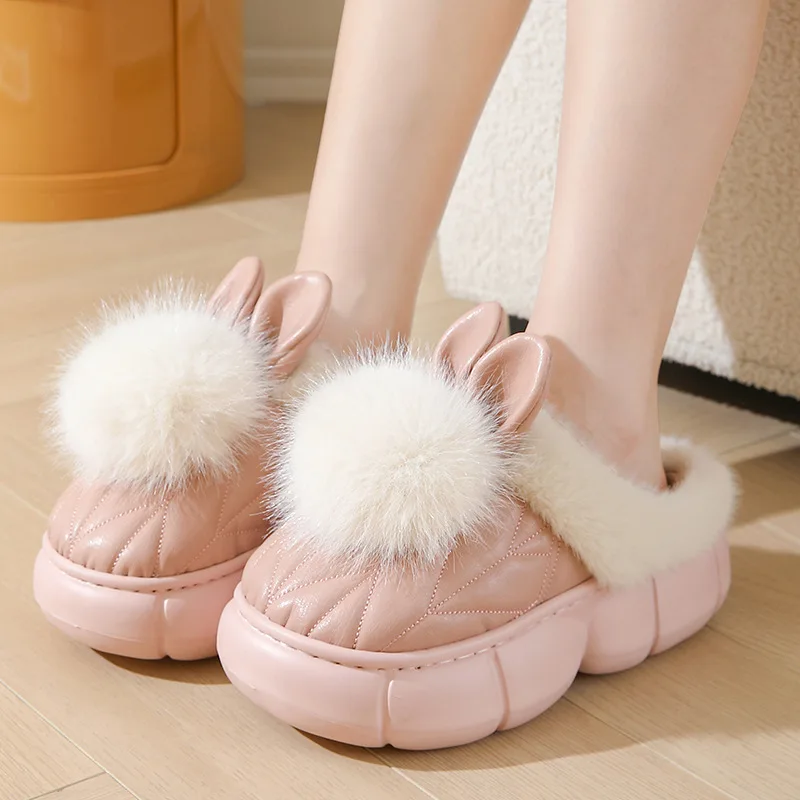 

New fluffy pink pompon rabbit slippers women's 6 cm thick sole home mules shoes sweet rabbit slipper waterproof home slippers