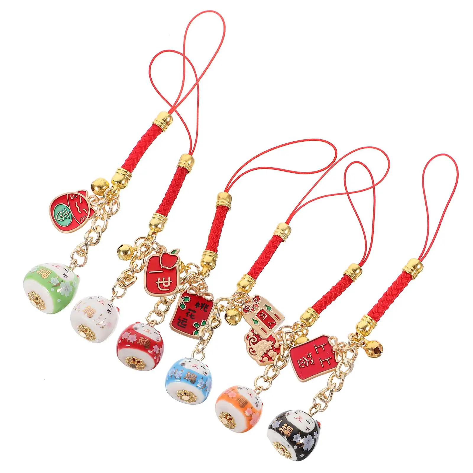 

6 Pcs Keychains Japanese Ceramics Decor Ornaments Red Ceramic Cats Hanging Accessories Cartoon Pendants
