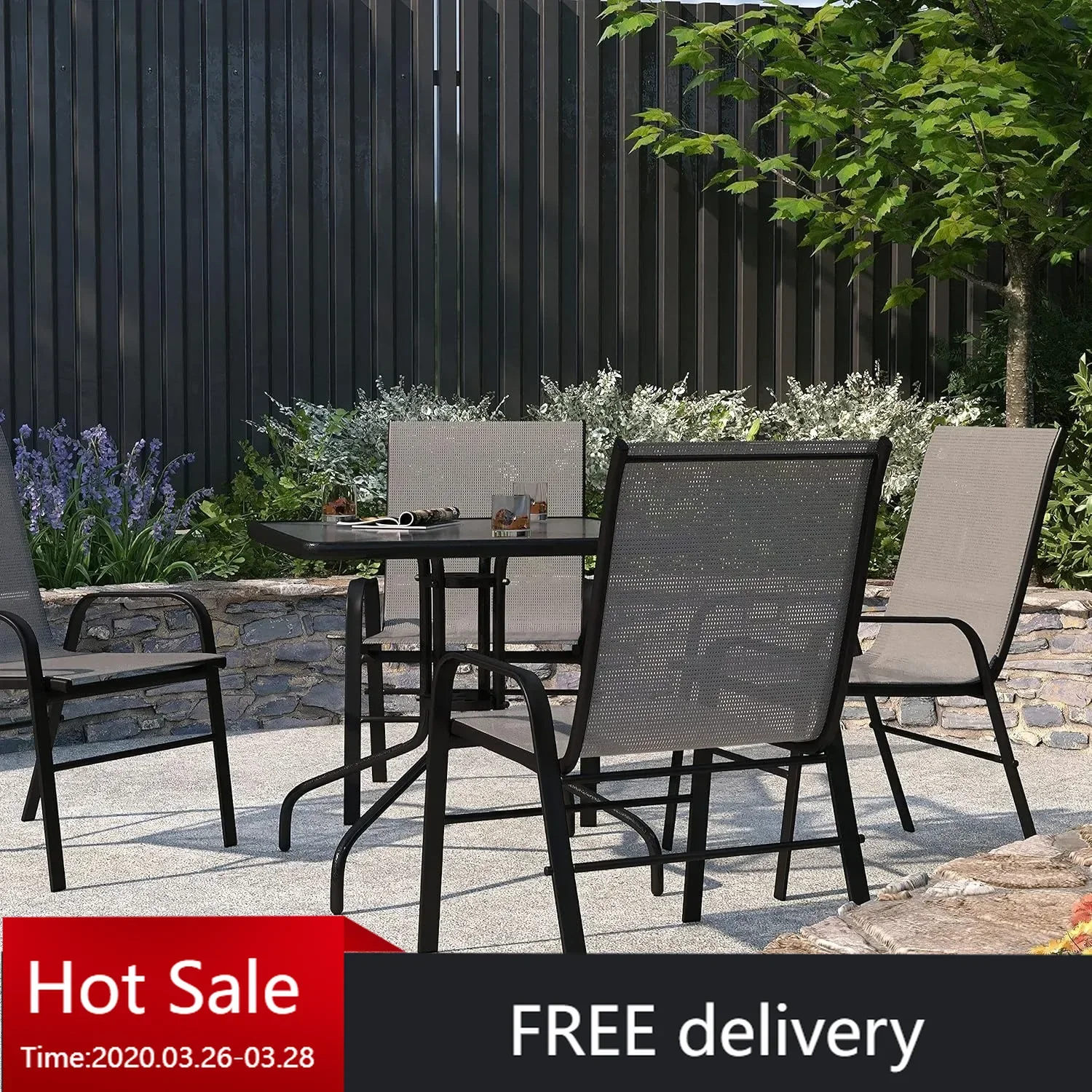 Set of 4 Manado Series Patio Chairs - Gray Flex Comfort Material - Powder Coated Metal Frame - Ships Fully Assembled