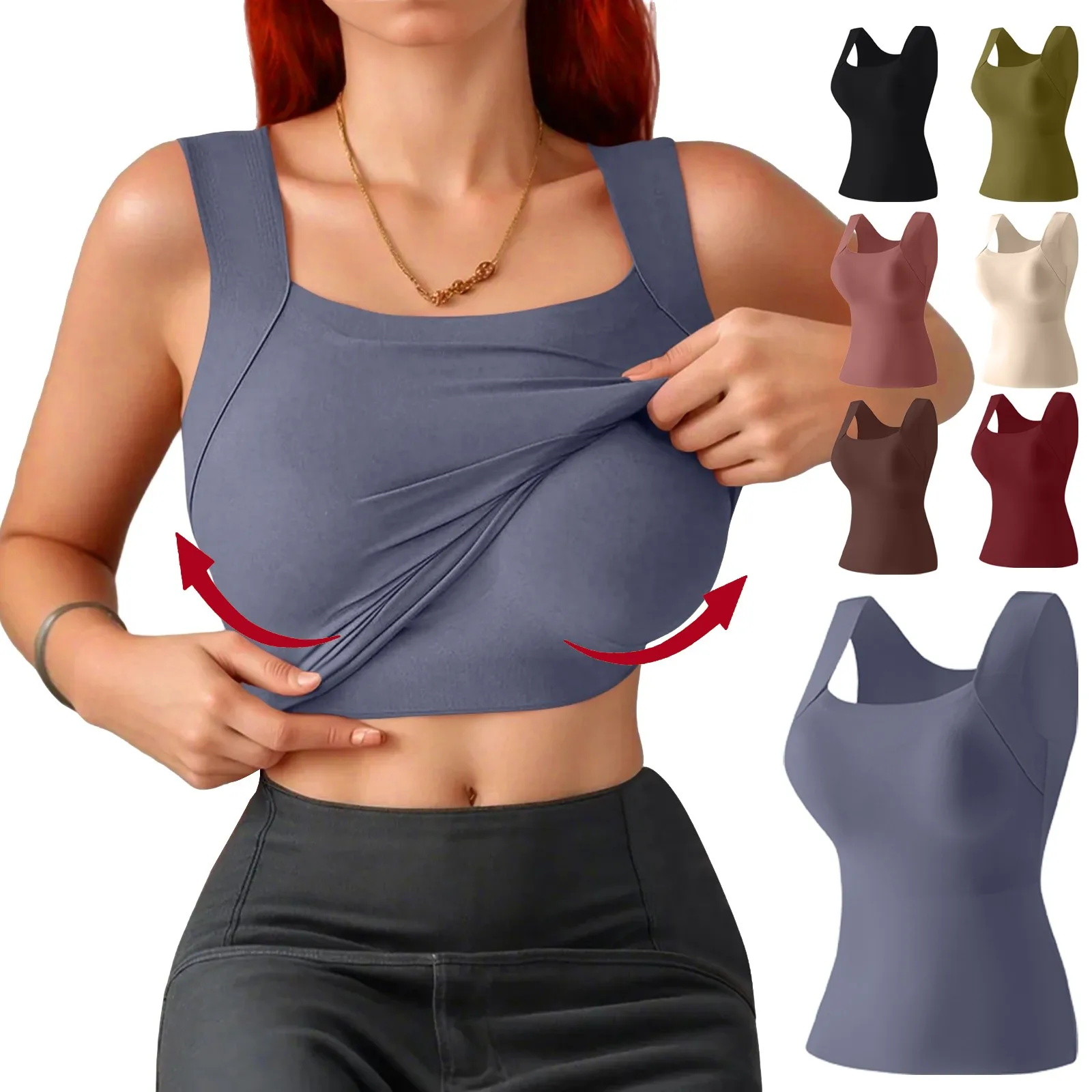 

Women'S Seamless Base Tanks Slim Fit Flexible Vest With Chest Cushion Lifting And Beautifying Vest U-Neck Comfy Base Layer Shirt