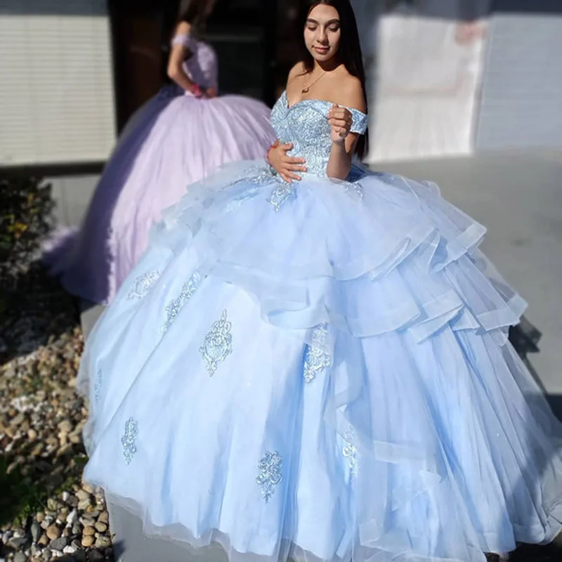 

Angelsbridep Light Blue Tiered Ball Gown 15 Year Old Dress For Young Quinceanera Dresses Off Shoulder Birthday Party Dress