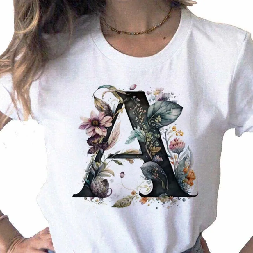 Nueva Camiseta para Mujer con Estampado Combinado de Flores y Letras A B C D E F G, Camisetas de Manga Corta para Mujer, Tops, Ropa Estética