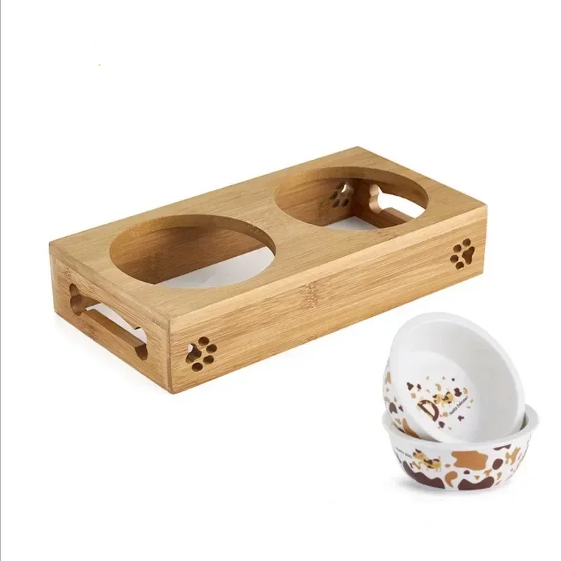 Pet Ceramic Double Dog Table Wooden Food Cat Kitten Bamboo Skid Into Small Resistant Bowl