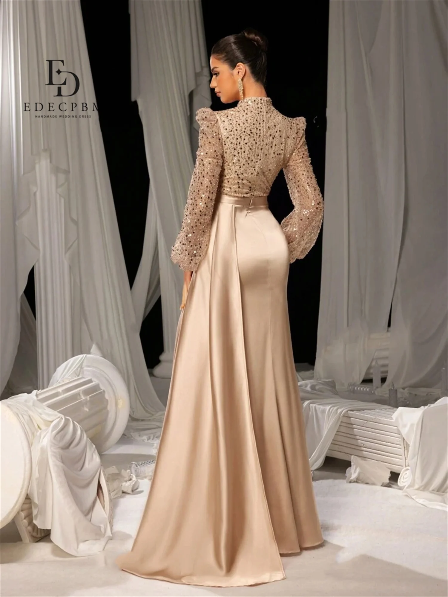 EDECPBM cuello redondo hermosos Vestidos De graduación tienda invitados Vestidos De noche De boda 2025 Vestidos De fiesta De manga larga De lujo satén