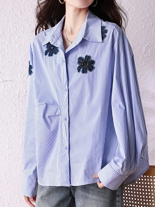 

Elegant Embroidered Striped Floral Shirt Large Size Women's Early Spring Long Sleeve Turn-down Collar Open Cardigan Asymmetri...