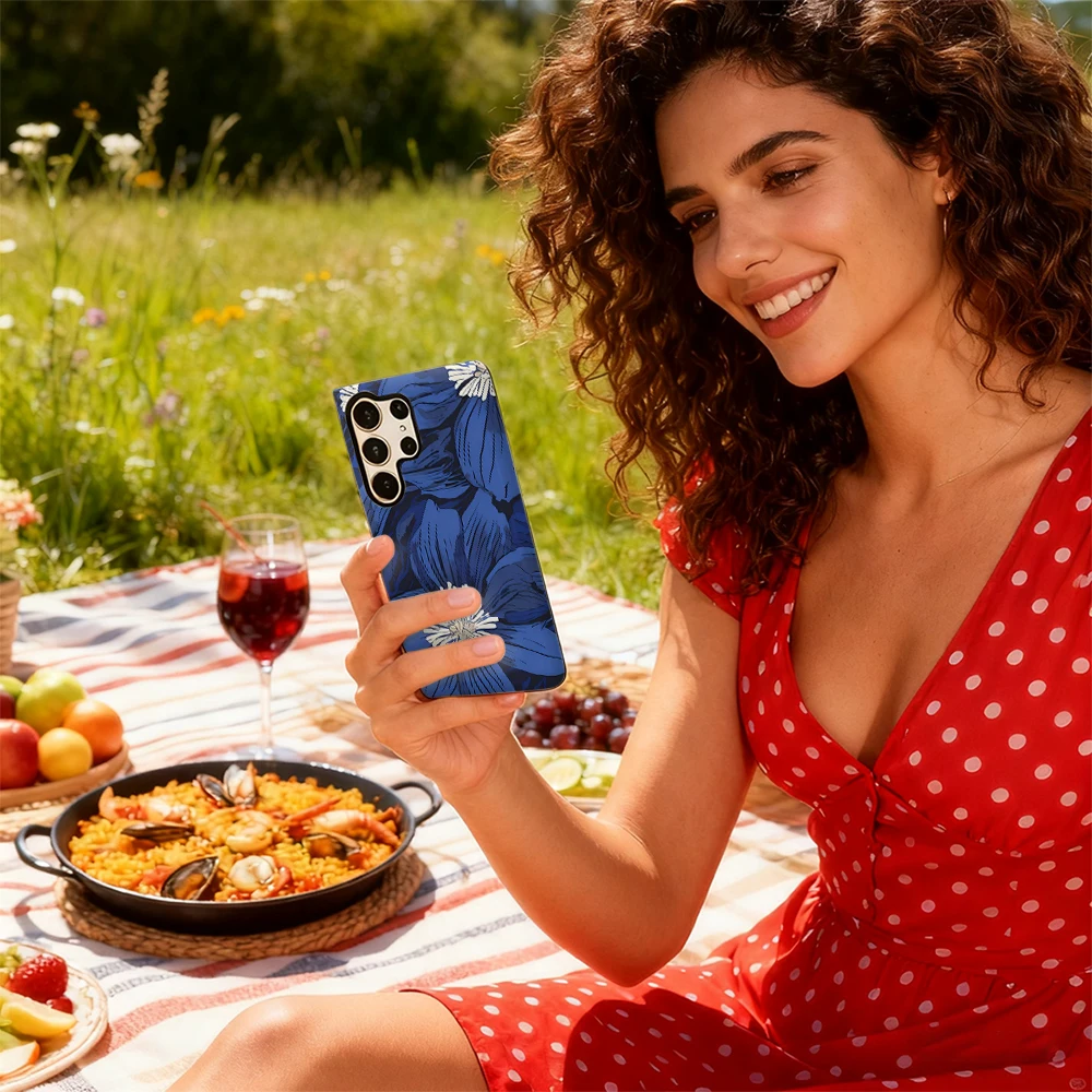 Capa de telefone com pétalas azuis para Samsung Galaxy S25 Ultra S24 S23 Ultra Plus Capa traseira de camada dupla à prova de choque