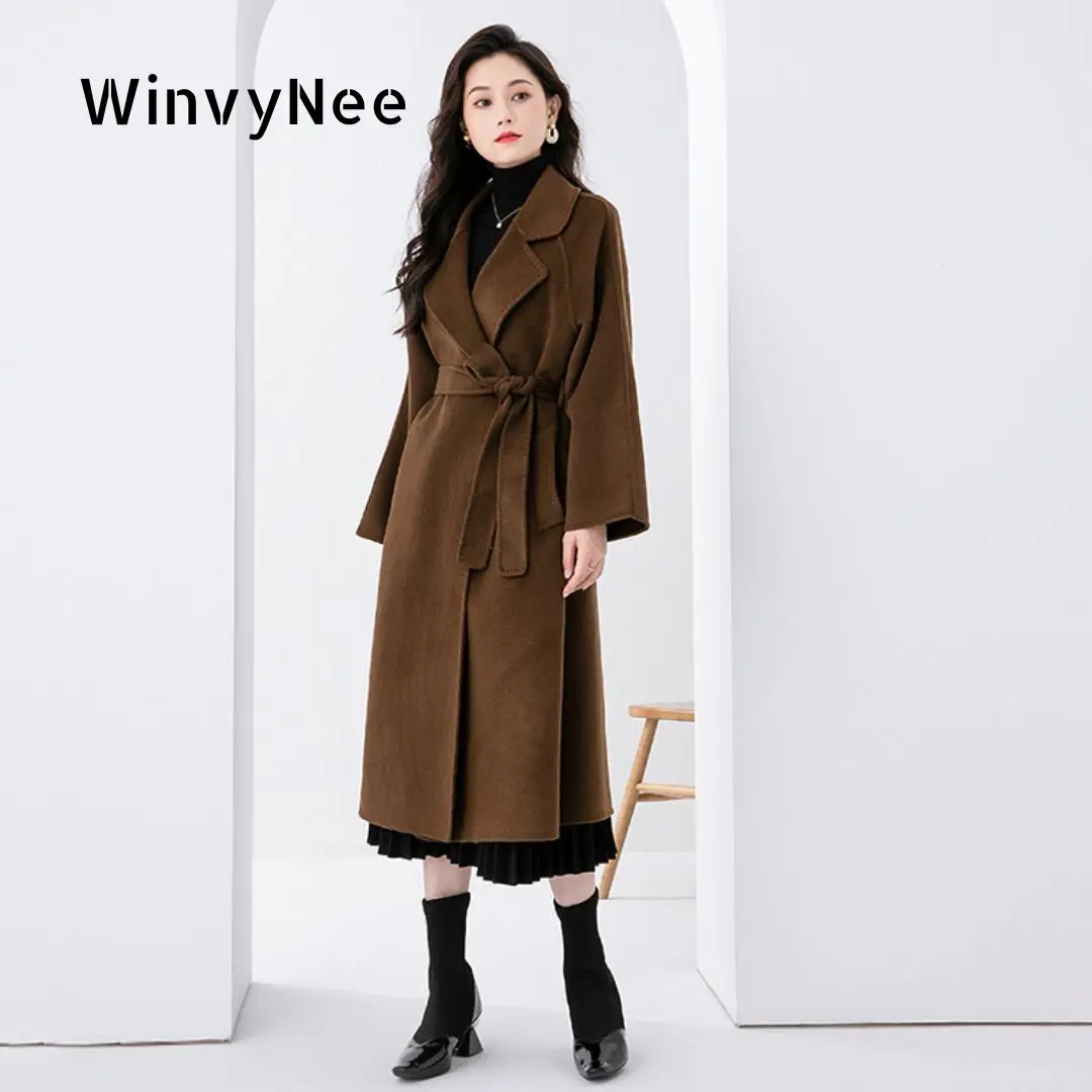 

WinvyNee New Trend Winter Long Women's Wool Coats with Belt Black Woolen Overcoat Clothing Outwear Loose Coat for Women H1643015