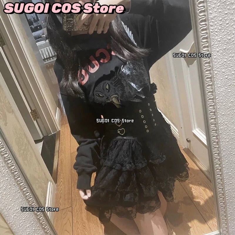 

SUGOI COS+Jirei kai Outfits Yami-Kawaii Lace Trim Lace-up High Waist Lace-style Mini Skirt Fashion Women White Black Lolita Goth