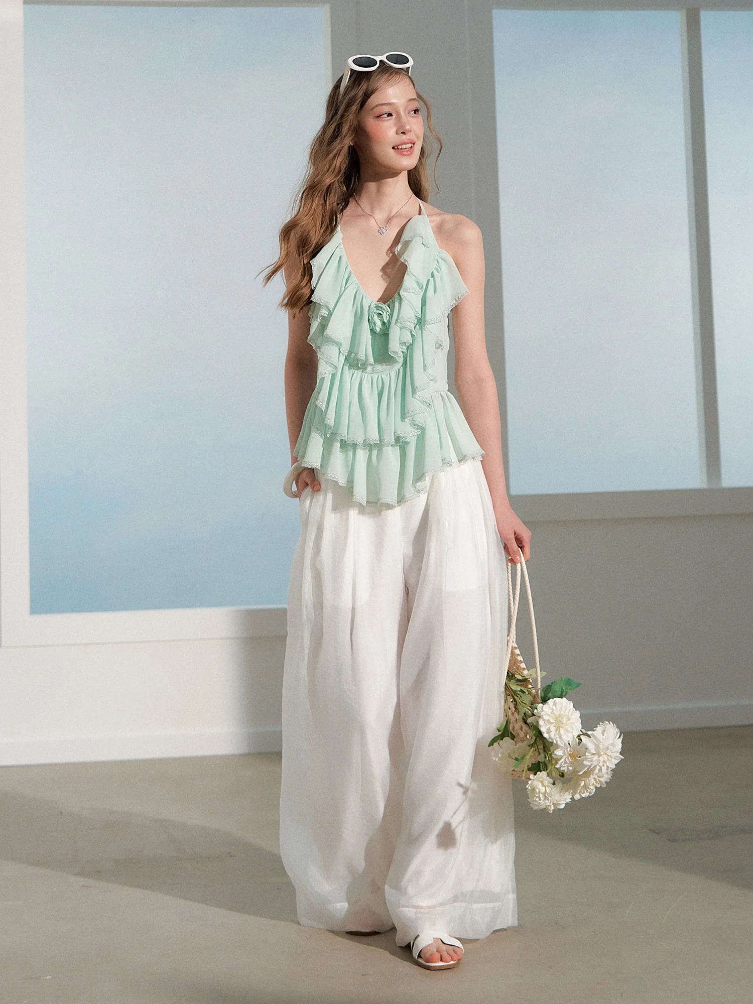 

Женский летний комплект RECOIN R1C: топ с мятно-зеленым кружевом и широкие брюки с V-образным вырезом из полиэстера, стандартная длина