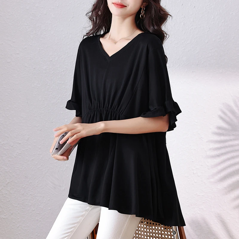 #2867 Black Irregular Blouse Women V-neck Folds Thin Sexy Split Joint Office Chiffon Womens Tops And Blouses Flare Sleeve Summer