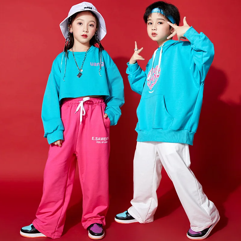 Celana sweter bertudung Hip Hop anak perempuan, set pakaian celana tari jalanan Crop Top, pakaian longgar kostum Jazz anak laki-laki perempuan