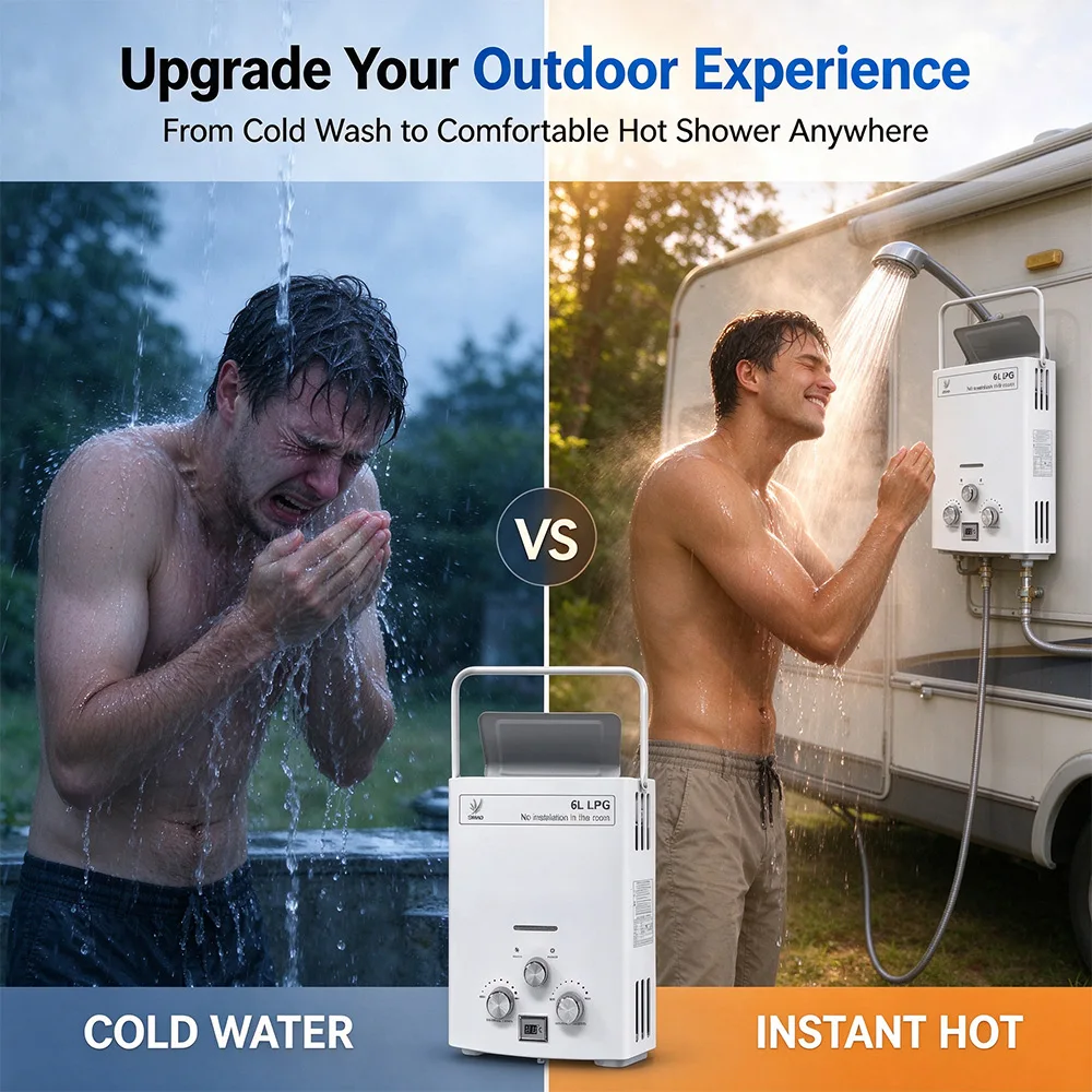6L Portable LPG Propane Tankless Water Heater Instant Hot Water Boiler for RV Camping Tent Outdoor Shower Digital Temp Display