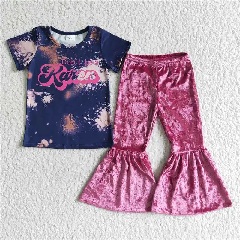 2022 Hot Selling RTS New Baby Girl Clothing Sets Purple Letters Tee Shirt Pink Velvet Baby Bell Bottom Boutique Outfit Kids Wear