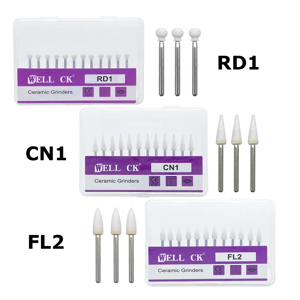 12pcs/box Dental Flame Cone Round White Stone Polisher FG Burs for Polishing Dental Clinic Metal Resin Porcelain CN1 RD1 FL2