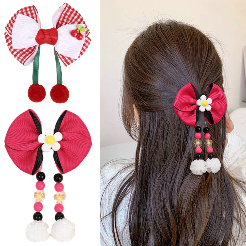 ncmama 2PCS Women Girls Ribbon Flower Hair Clips Tassel Pendant Bow Hairpins Cherry Barrettes Plaid Hairgrips Hair Accessories