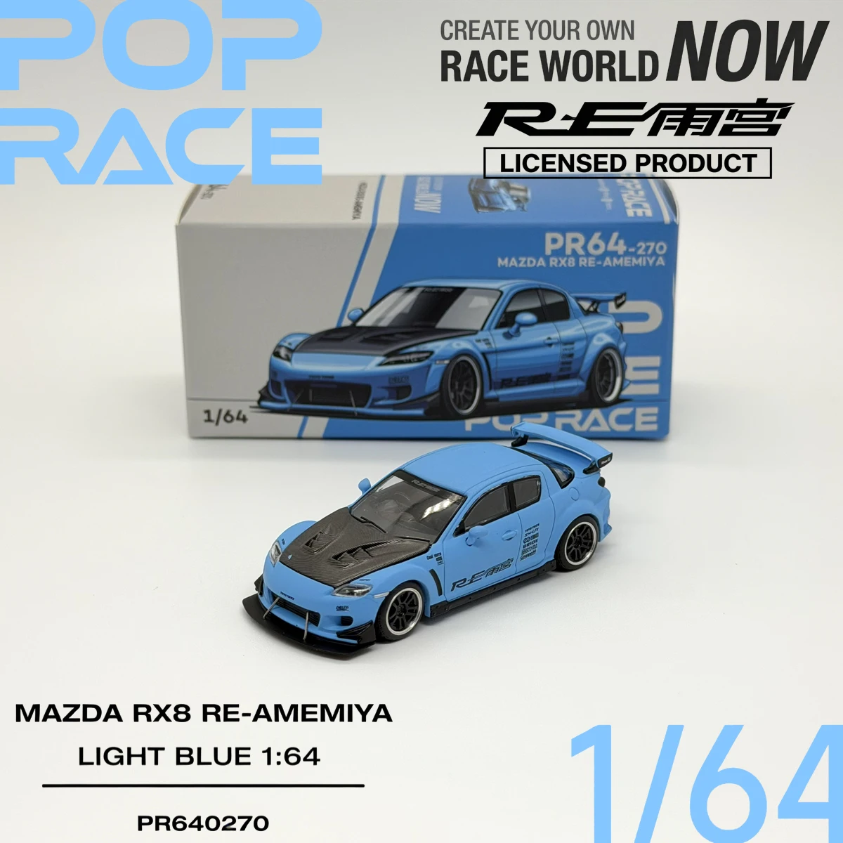 Pop Race 1:64 Mazda RX8 RE-AMEMIYA Light Blue Diecast Model Car #PR640270 (Open Hood) In Stock Ready To Ship