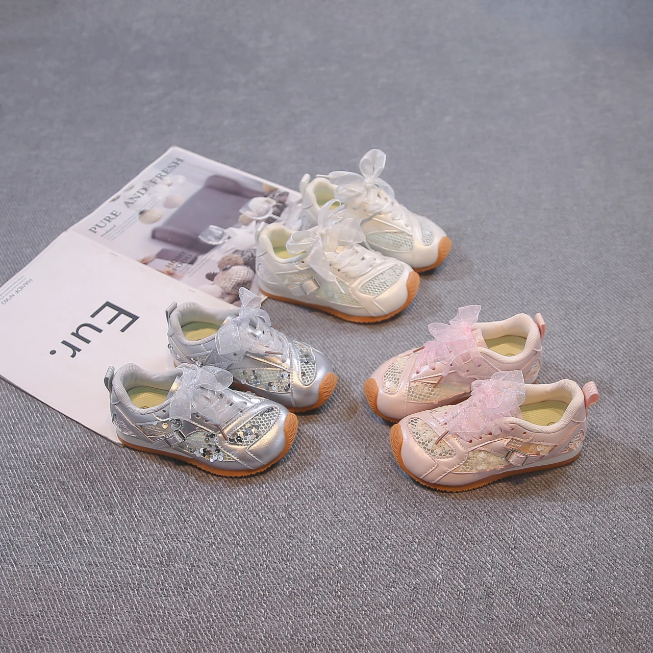 

Kids'Casual Shoes Sneakers Mesh Sequin Cutout Spring Shoes For Girls Breathable Anti-slip White Silver Shoes Size 26-37