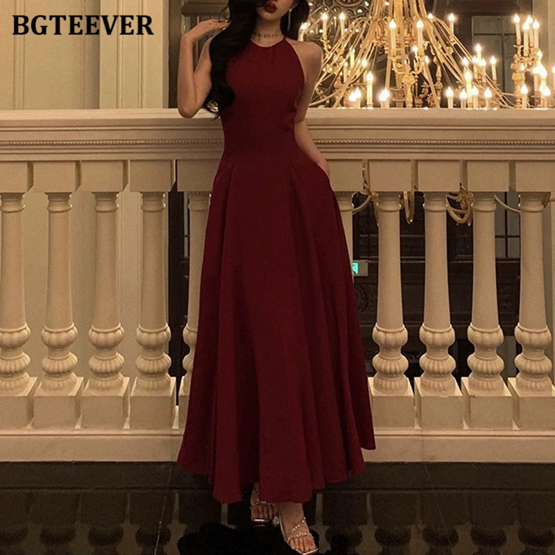 

BGTEEVER Chic Elegant Slim Waist Female Long A-line Dress Summer Vintage Halter Sleeveless Dress for Women Ladies Vestidos