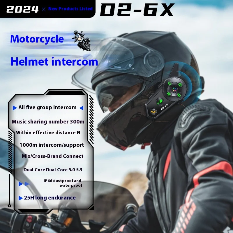 2024 Nieuwe D2-6X Motorhelm Bluetooth Intercom Headset 1000M Mixen Muziek Delen Waterdichte 6 Rijders Switching Interphone