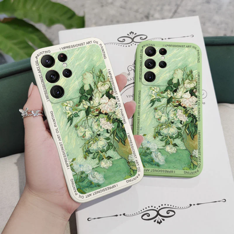 Oil Painting Rose Phone Case For Samsung Galaxy S25 S24 S23 S22 S21 S20 Ultra Plus FE Note 20 ultra 10 9 Plus Cover