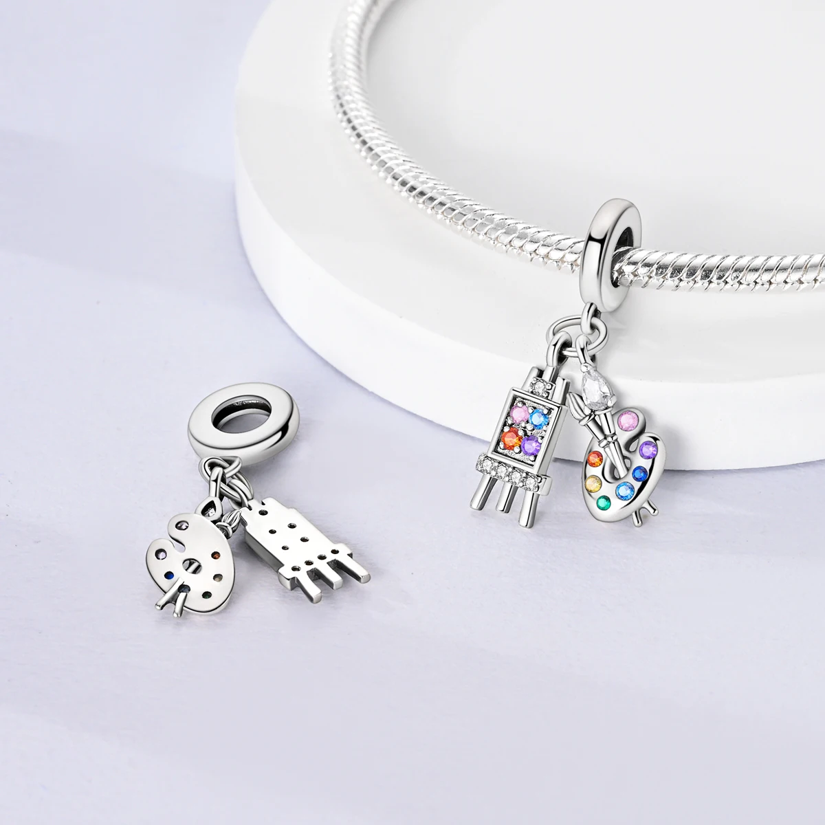 PANPOKI 925 Sterling Silver Colorful Painter's Painting Board Pendants Bracelet Charms Jewelry Party Beads DIY Trendy Gifts