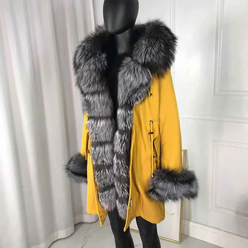 Cappotto di pelliccia di volpe invernale da donna Parka foderato in vera pelliccia Parka foderato in pelliccia di coniglio Parka stili più venduti