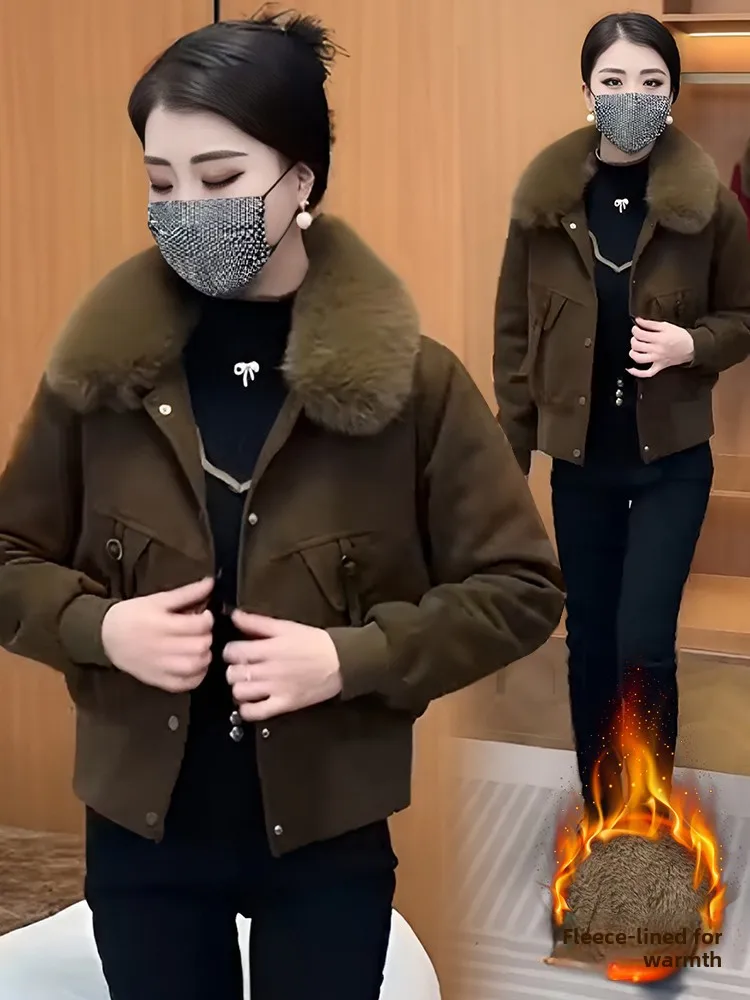 Thickened Fleece Warm Winter Short Coat for Women Casual Style Pure Color Loose Fit Long Sleeve Button Closure Coat with Pocket