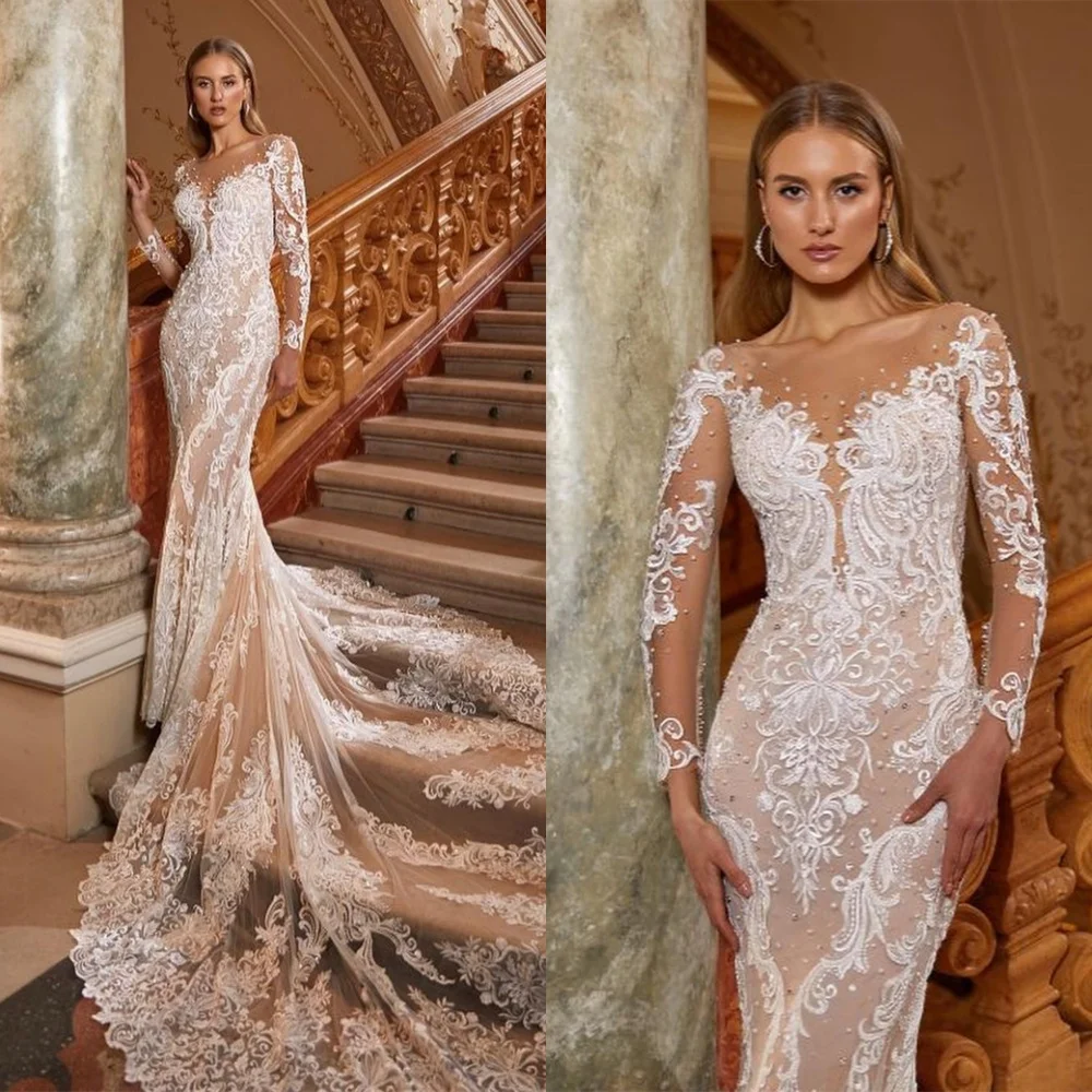 Maßgeschneidertes exquisites weißes Organza-Hochzeitskleid, zarter V-Ausschnitt mit langen Ärmeln, Brautparty, einfache Meerjungfrau, Vestido De Novia