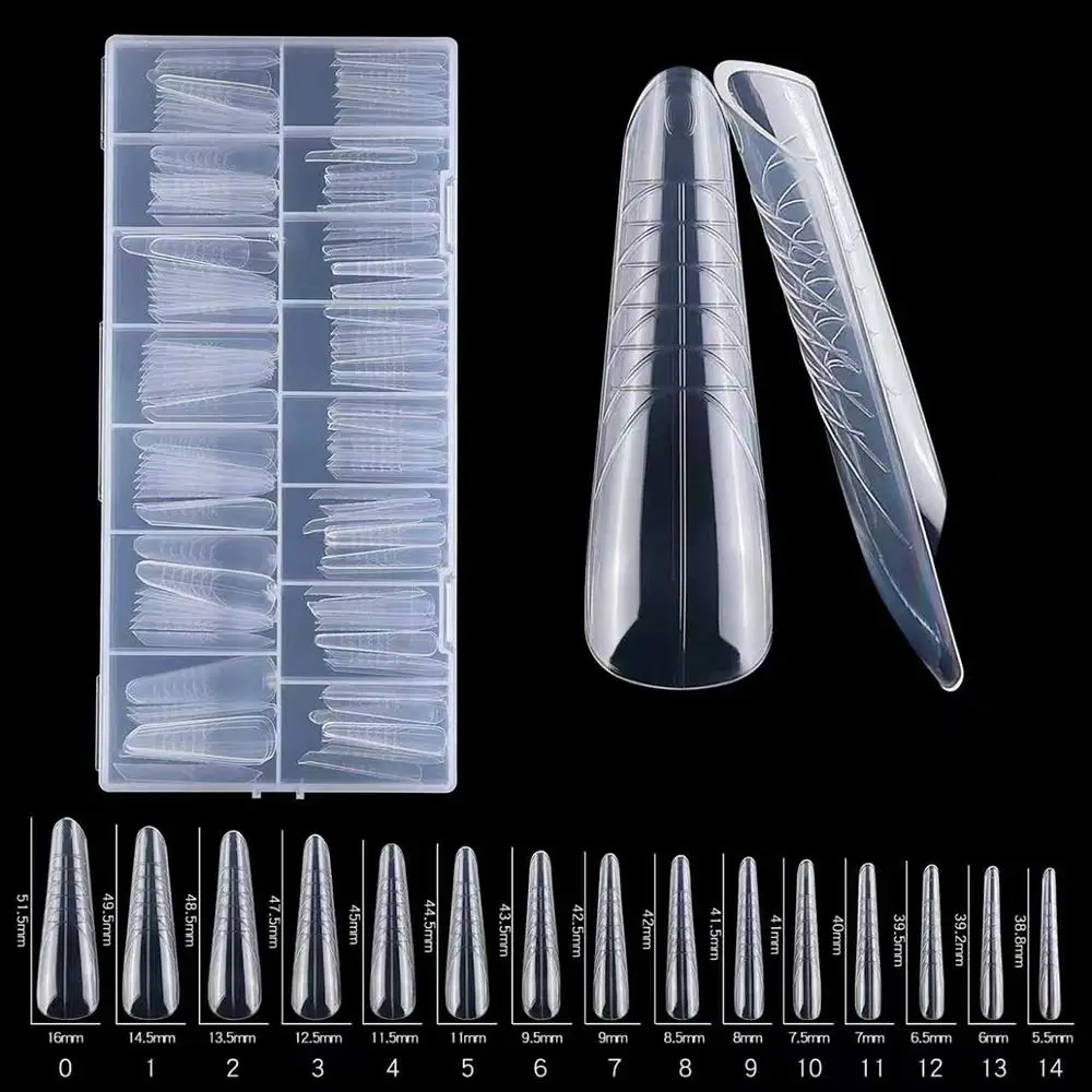 150Pcs 15 Sizes Sandwich Nail Forms Reusable Transparent Full Cover Nail Tips Auxiliary Line Long Length Space Nail Forms
